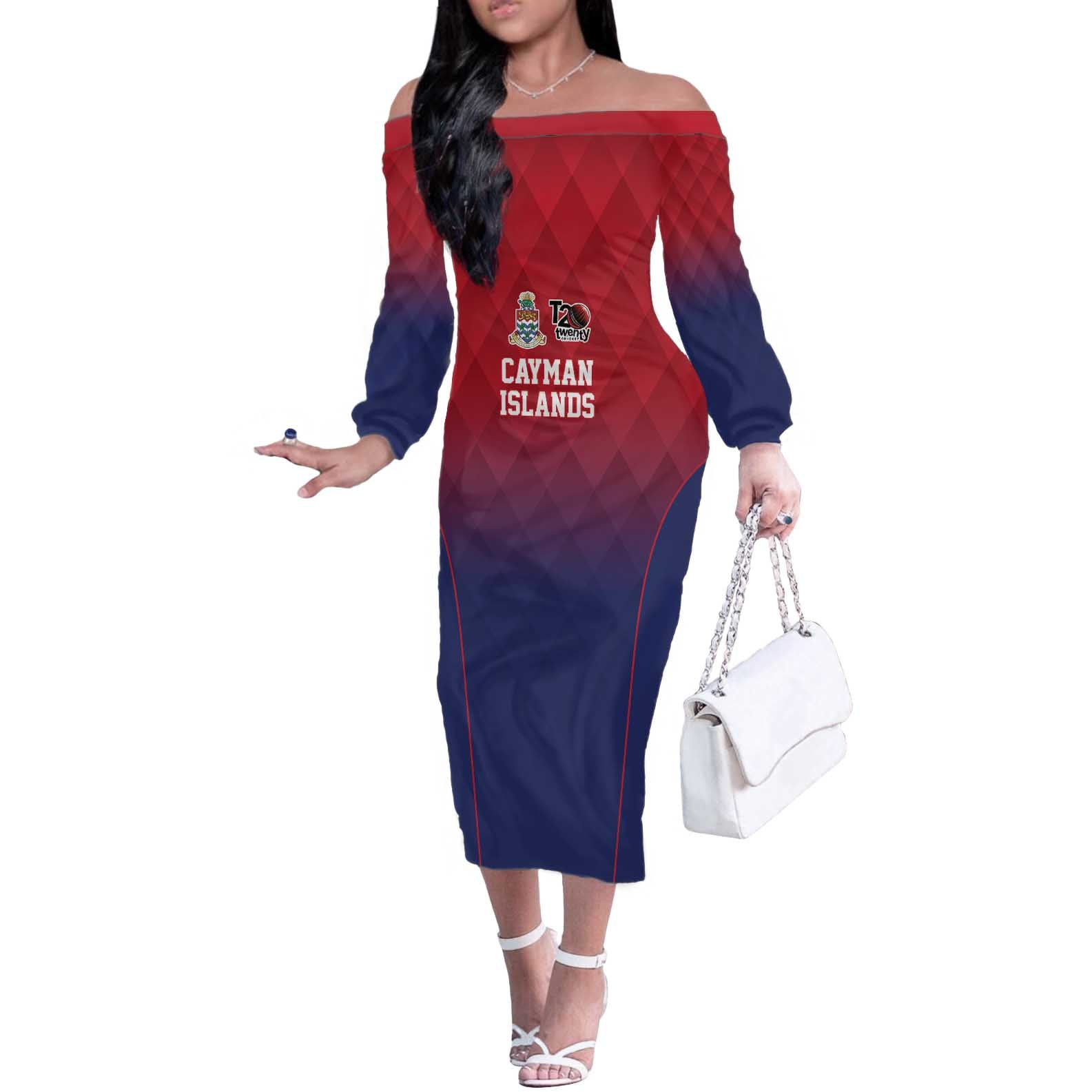 Cayman Islands Cricket Custom Off The Shoulder Long Sleeve Dress Classic Coat of Arms Sporty - Wonder Print Shop