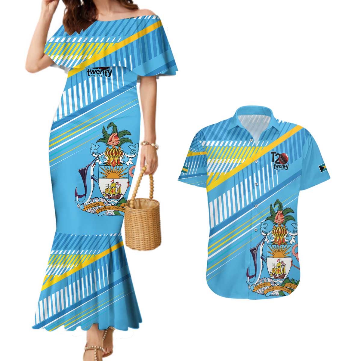 The Bahamas Cricket Custom Couples Matching Mermaid Dress and Hawaiian Shirt Marlin Flamingo Come On Bahamian - Wonder Print Shop