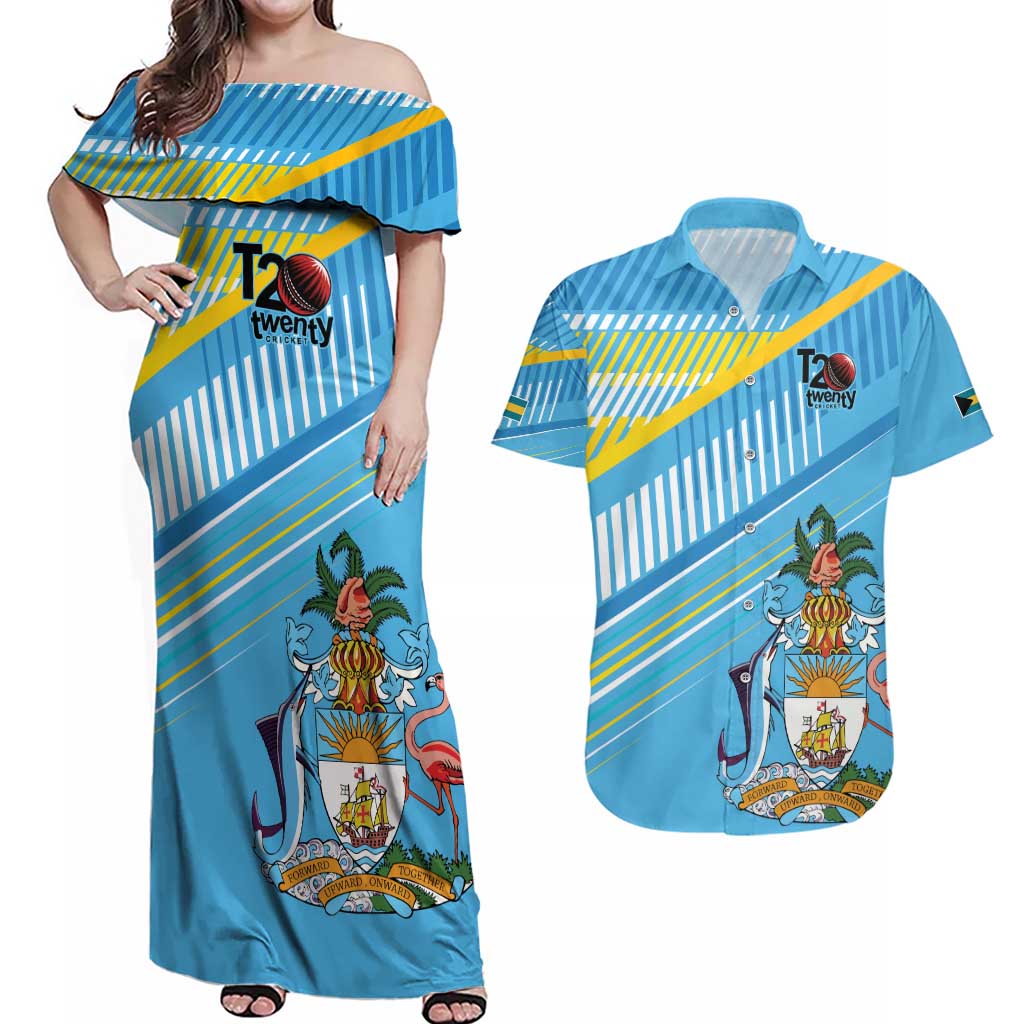 The Bahamas Cricket Custom Couples Matching Off Shoulder Maxi Dress and Hawaiian Shirt Marlin Flamingo Come On Bahamian - Wonder Print Shop