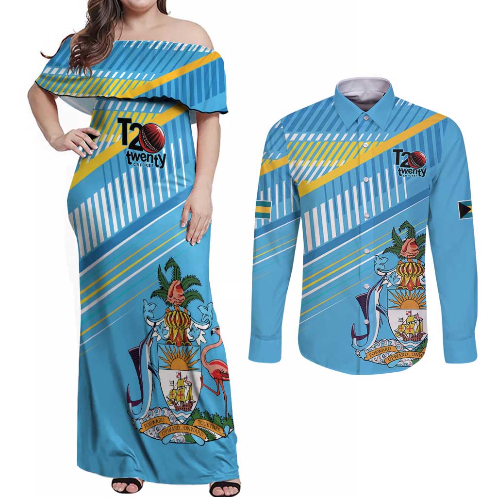 The Bahamas Cricket Custom Couples Matching Off Shoulder Maxi Dress and Long Sleeve Button Shirt Marlin Flamingo Come On Bahamian - Wonder Print Shop