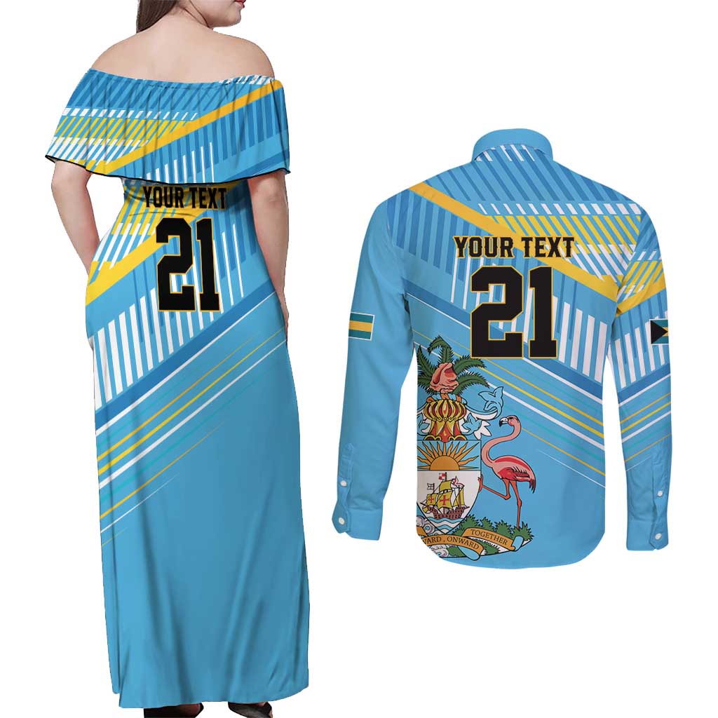 The Bahamas Cricket Custom Couples Matching Off Shoulder Maxi Dress and Long Sleeve Button Shirt Marlin Flamingo Come On Bahamian - Wonder Print Shop