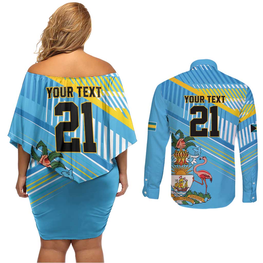 The Bahamas Cricket Custom Couples Matching Off Shoulder Short Dress and Long Sleeve Button Shirt Marlin Flamingo Come On Bahamian - Wonder Print Shop