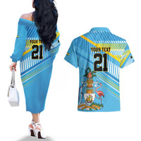 The Bahamas Cricket Custom Couples Matching Off The Shoulder Long Sleeve Dress and Hawaiian Shirt Marlin Flamingo Come On Bahamian - Wonder Print Shop