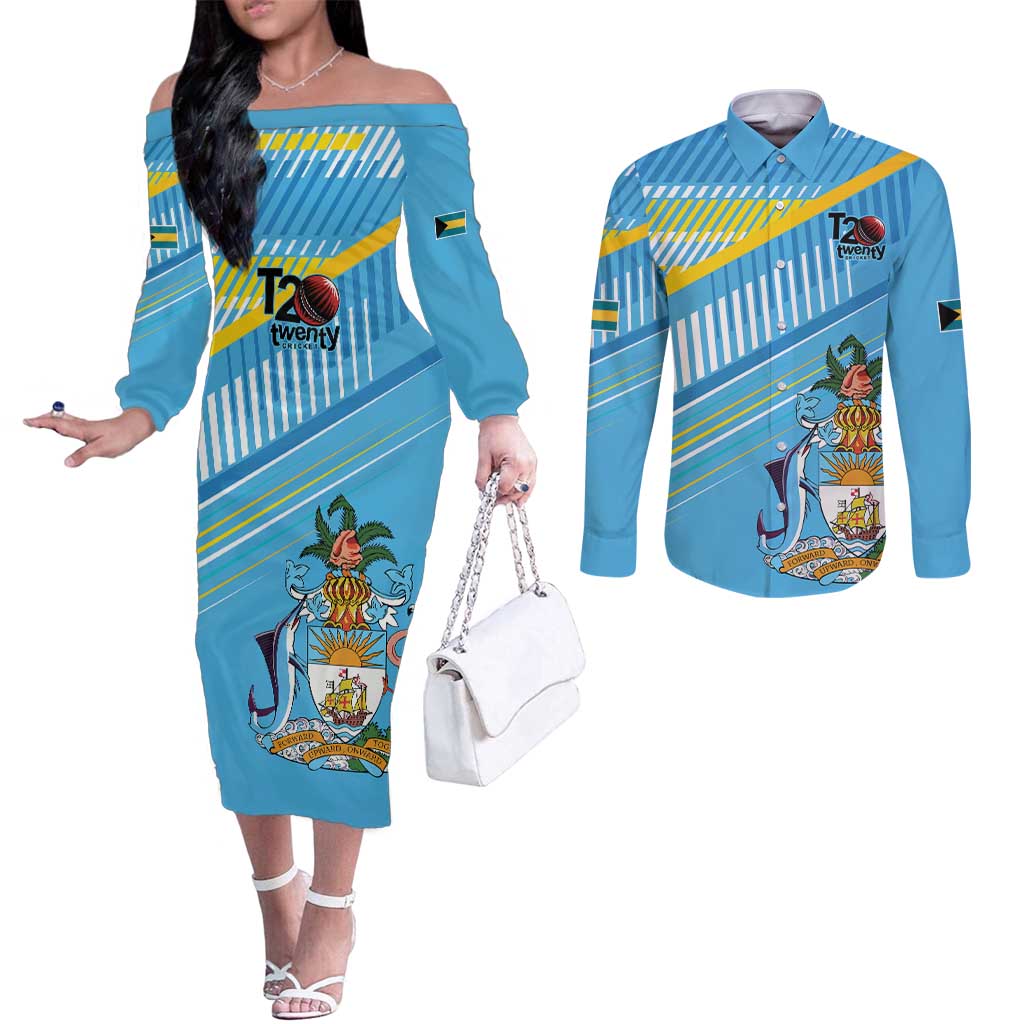 The Bahamas Cricket Custom Couples Matching Off The Shoulder Long Sleeve Dress and Long Sleeve Button Shirt Marlin Flamingo Come On Bahamian - Wonder Print Shop