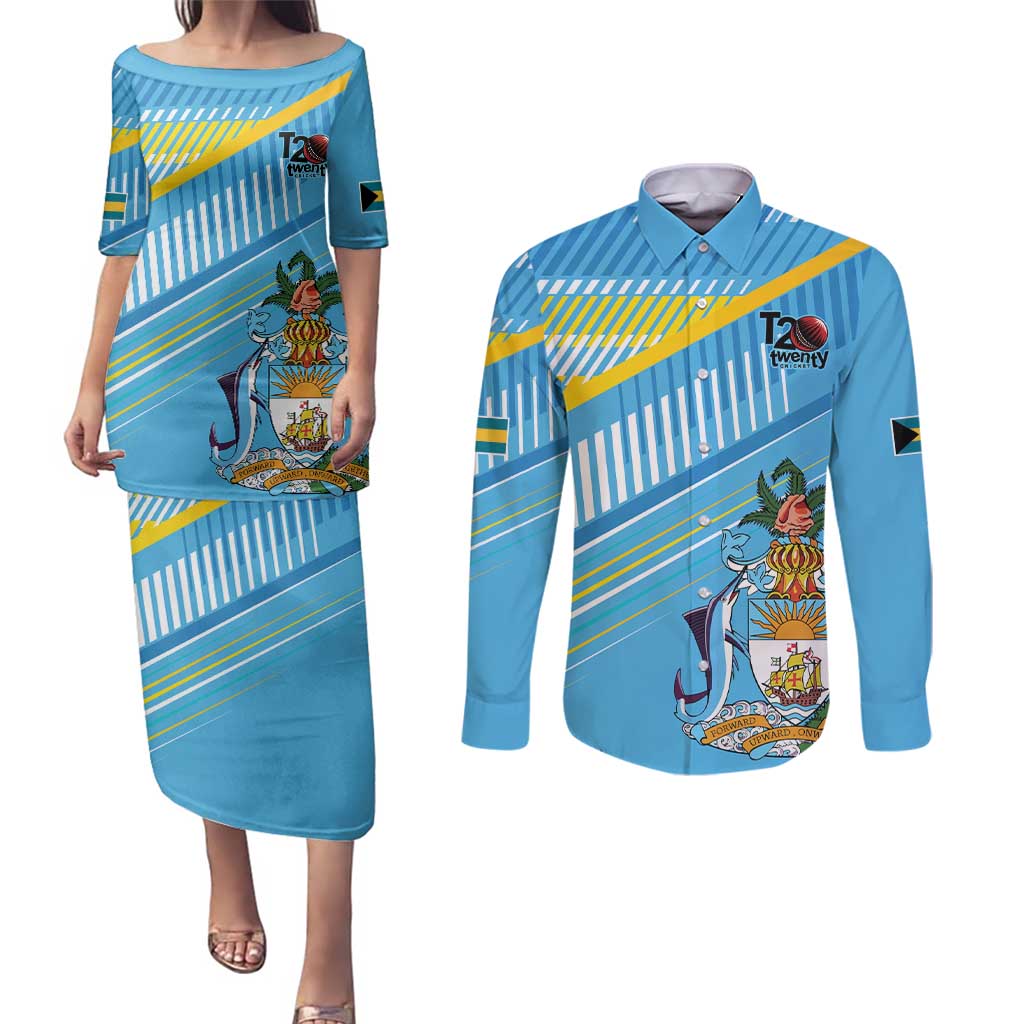 The Bahamas Cricket Custom Couples Matching Puletasi and Long Sleeve Button Shirt Marlin Flamingo Come On Bahamian - Wonder Print Shop