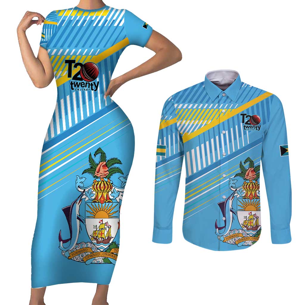 The Bahamas Cricket Custom Couples Matching Short Sleeve Bodycon Dress and Long Sleeve Button Shirt Marlin Flamingo Come On Bahamian - Wonder Print Shop