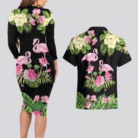 The Bahamas Flamingo Couples Matching Long Sleeve Bodycon Dress and Hawaiian Shirt Bahamian Tropical Flowers - Wonder Print Shop