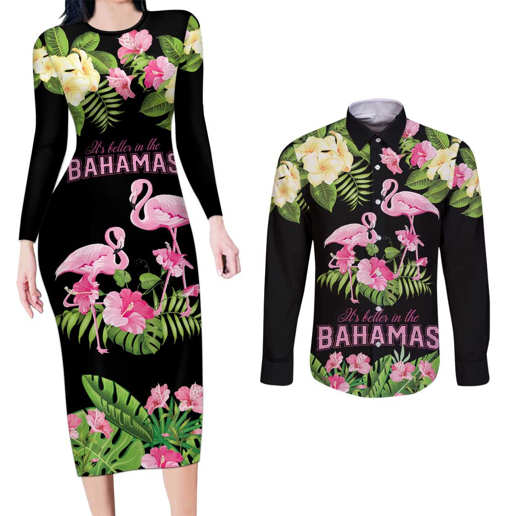 The Bahamas Flamingo Couples Matching Long Sleeve Bodycon Dress and Long Sleeve Button Shirt Bahamian Tropical Flowers - Wonder Print Shop