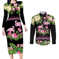 The Bahamas Flamingo Couples Matching Long Sleeve Bodycon Dress and Long Sleeve Button Shirt Bahamian Tropical Flowers - Wonder Print Shop