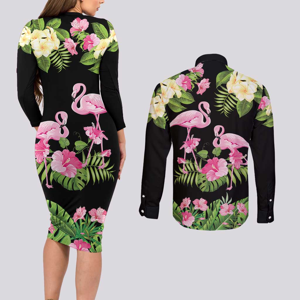 The Bahamas Flamingo Couples Matching Long Sleeve Bodycon Dress and Long Sleeve Button Shirt Bahamian Tropical Flowers - Wonder Print Shop