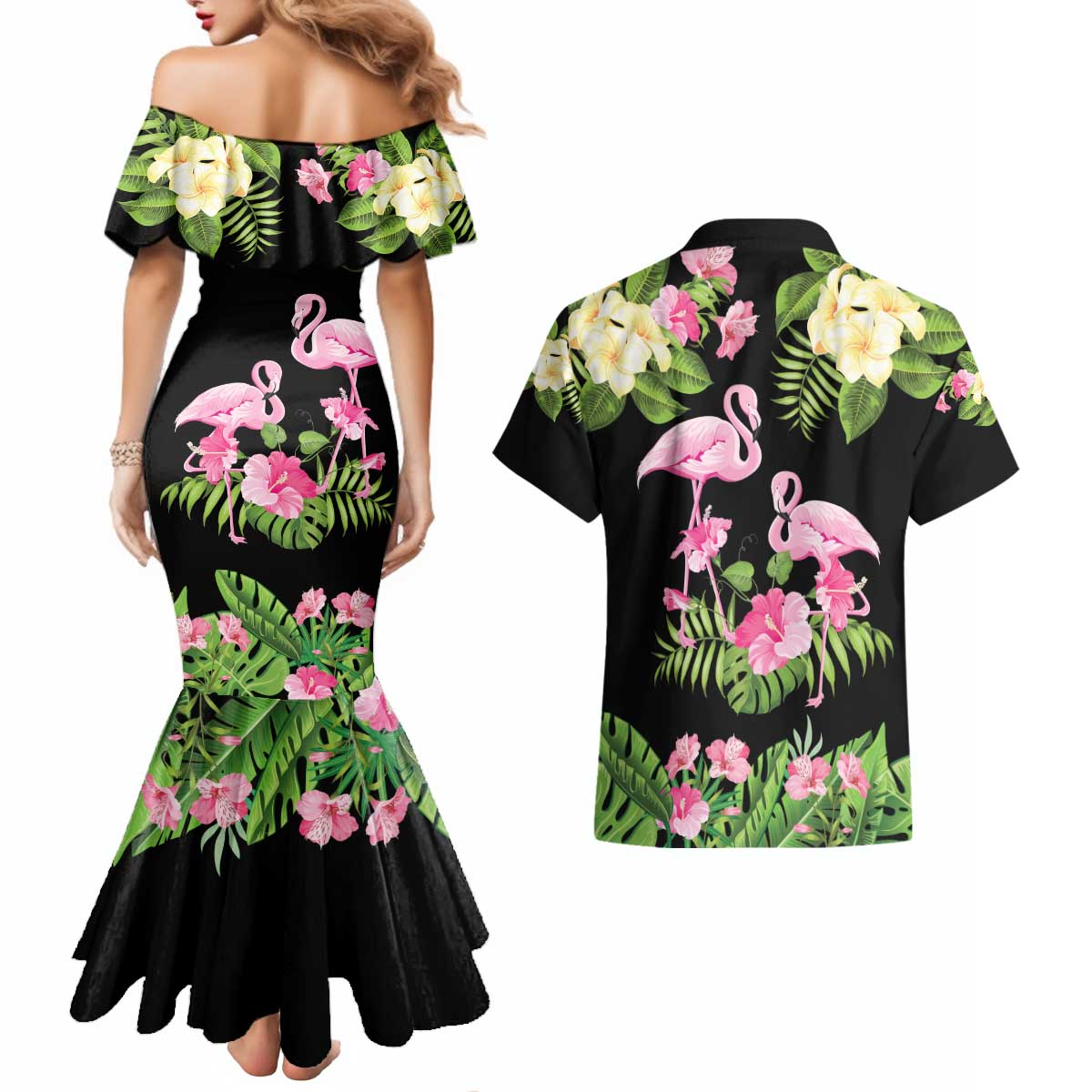 The Bahamas Flamingo Couples Matching Mermaid Dress and Hawaiian Shirt Bahamian Tropical Flowers - Wonder Print Shop
