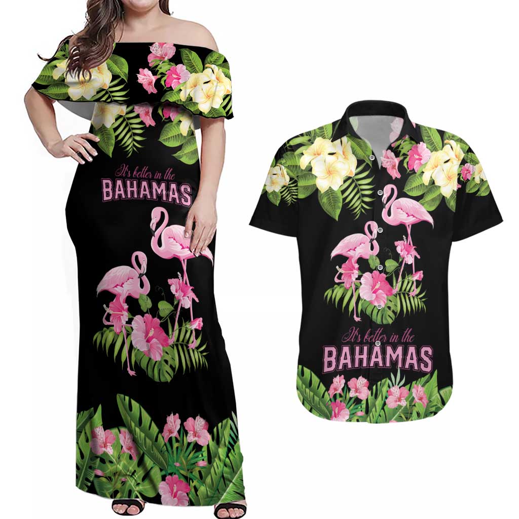 The Bahamas Flamingo Couples Matching Off Shoulder Maxi Dress and Hawaiian Shirt Bahamian Tropical Flowers - Wonder Print Shop