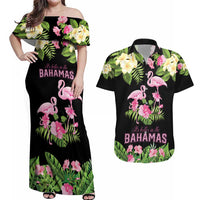The Bahamas Flamingo Couples Matching Off Shoulder Maxi Dress and Hawaiian Shirt Bahamian Tropical Flowers - Wonder Print Shop
