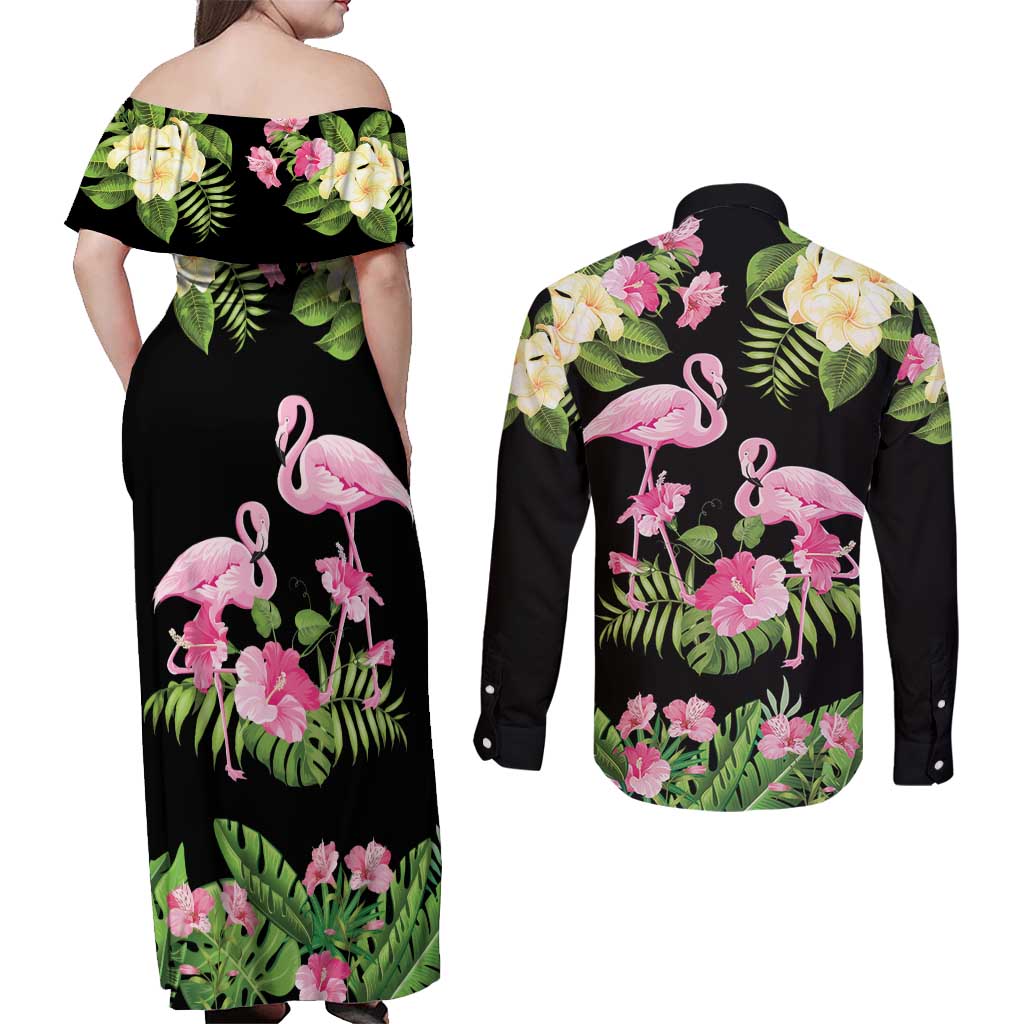 The Bahamas Flamingo Couples Matching Off Shoulder Maxi Dress and Long Sleeve Button Shirt Bahamian Tropical Flowers - Wonder Print Shop