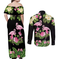 The Bahamas Flamingo Couples Matching Off Shoulder Maxi Dress and Long Sleeve Button Shirt Bahamian Tropical Flowers - Wonder Print Shop