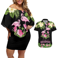 The Bahamas Flamingo Couples Matching Off Shoulder Short Dress and Hawaiian Shirt Bahamian Tropical Flowers - Wonder Print Shop
