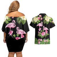 The Bahamas Flamingo Couples Matching Off Shoulder Short Dress and Hawaiian Shirt Bahamian Tropical Flowers - Wonder Print Shop