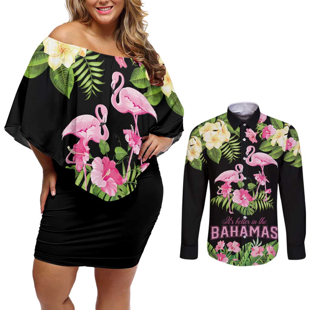 The Bahamas Flamingo Couples Matching Off Shoulder Short Dress and Long Sleeve Button Shirt Bahamian Tropical Flowers - Wonder Print Shop