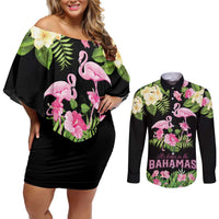 The Bahamas Flamingo Couples Matching Off Shoulder Short Dress and Long Sleeve Button Shirt Bahamian Tropical Flowers - Wonder Print Shop