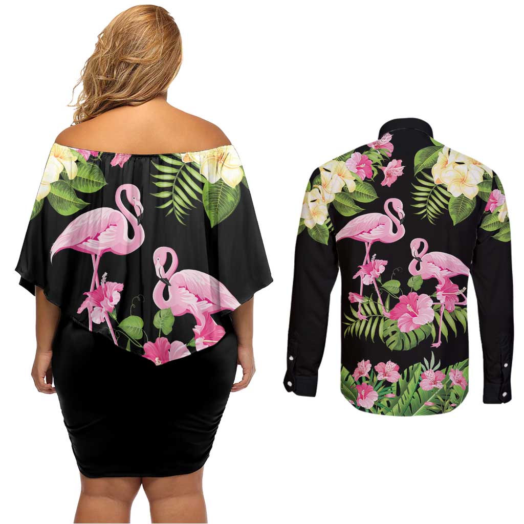 The Bahamas Flamingo Couples Matching Off Shoulder Short Dress and Long Sleeve Button Shirt Bahamian Tropical Flowers - Wonder Print Shop