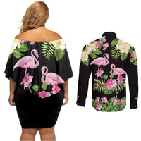 The Bahamas Flamingo Couples Matching Off Shoulder Short Dress and Long Sleeve Button Shirt Bahamian Tropical Flowers - Wonder Print Shop