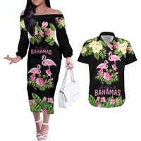 The Bahamas Flamingo Couples Matching Off The Shoulder Long Sleeve Dress and Hawaiian Shirt Bahamian Tropical Flowers - Wonder Print Shop