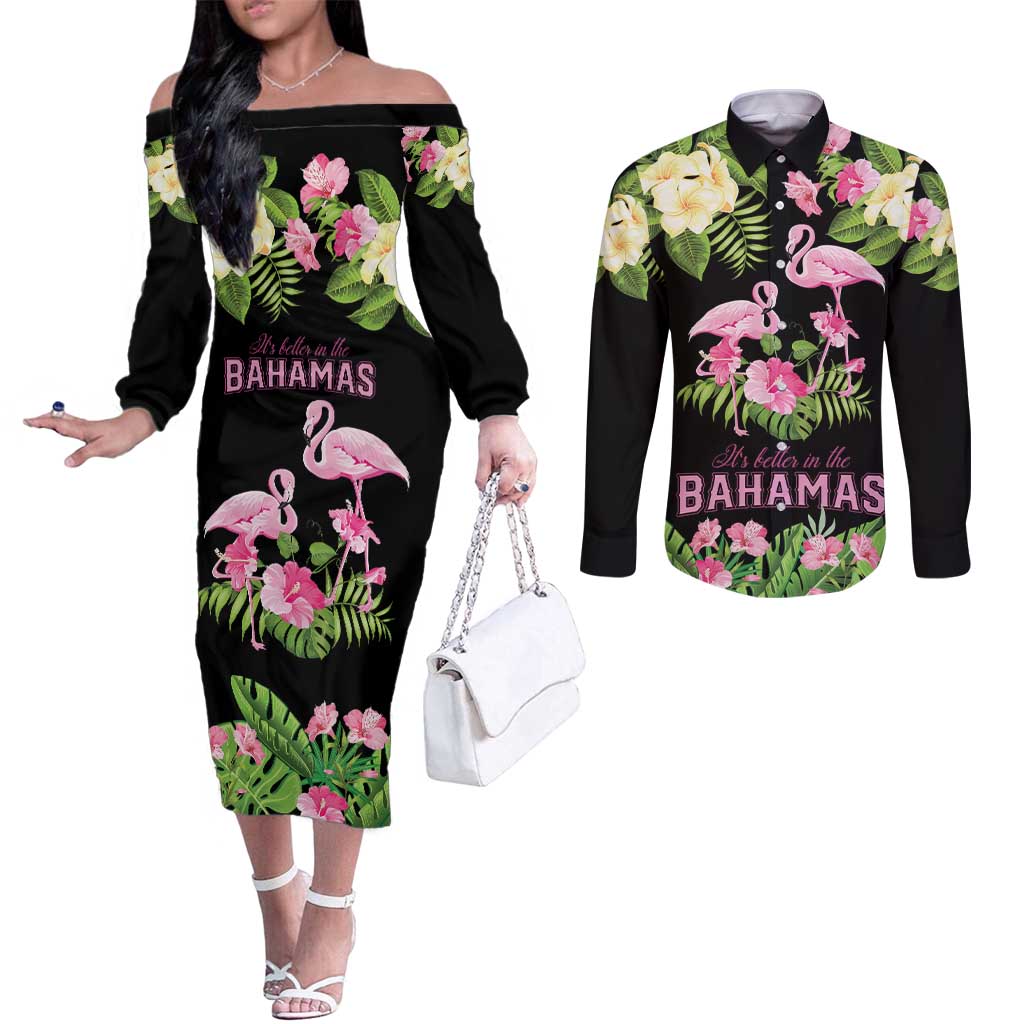 The Bahamas Flamingo Couples Matching Off The Shoulder Long Sleeve Dress and Long Sleeve Button Shirt Bahamian Tropical Flowers - Wonder Print Shop