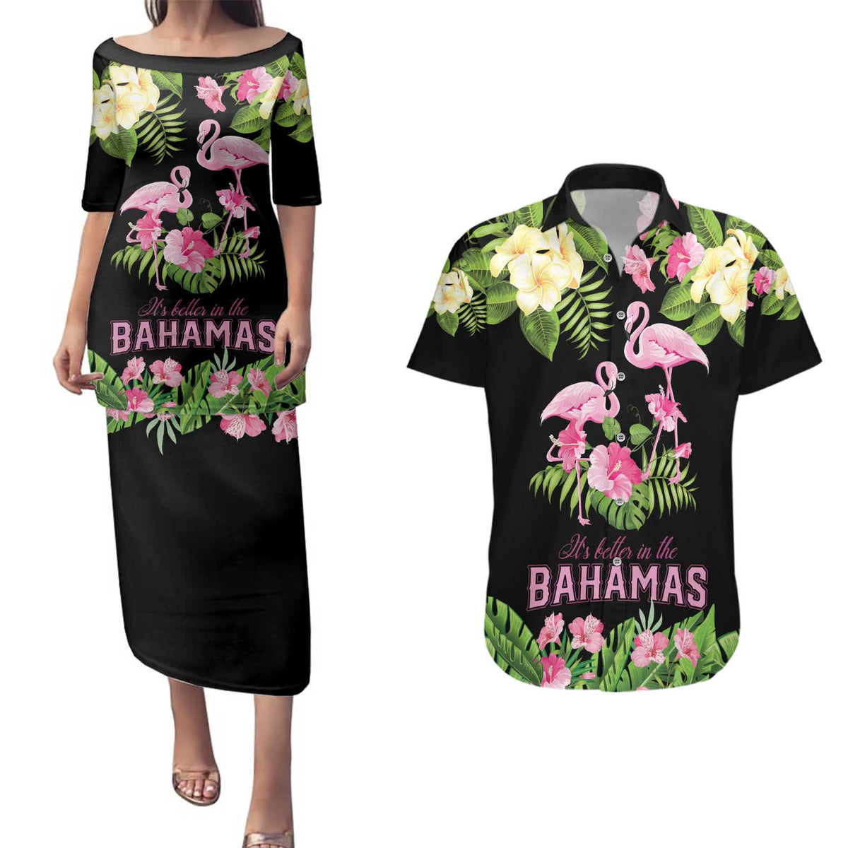 The Bahamas Flamingo Couples Matching Puletasi and Hawaiian Shirt Bahamian Tropical Flowers - Wonder Print Shop