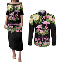 The Bahamas Flamingo Couples Matching Puletasi and Long Sleeve Button Shirt Bahamian Tropical Flowers - Wonder Print Shop