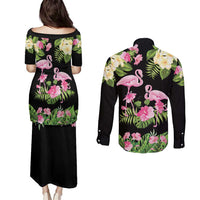 The Bahamas Flamingo Couples Matching Puletasi and Long Sleeve Button Shirt Bahamian Tropical Flowers - Wonder Print Shop