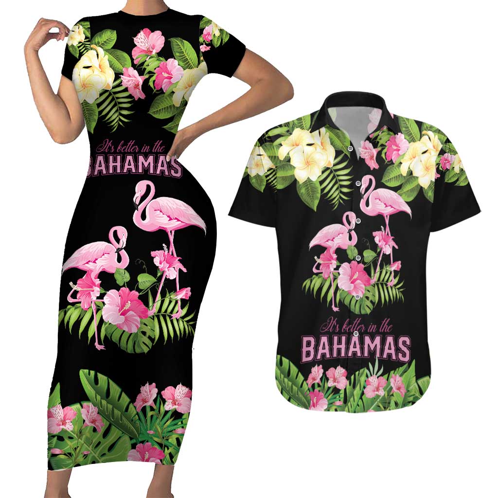 The Bahamas Flamingo Couples Matching Short Sleeve Bodycon Dress and Hawaiian Shirt Bahamian Tropical Flowers - Wonder Print Shop