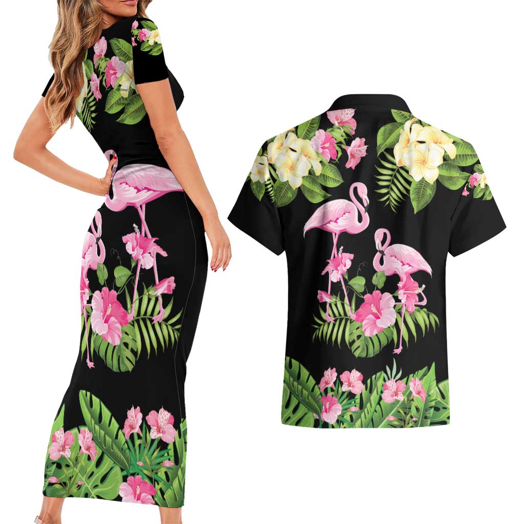 The Bahamas Flamingo Couples Matching Short Sleeve Bodycon Dress and Hawaiian Shirt Bahamian Tropical Flowers - Wonder Print Shop