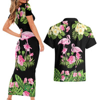 The Bahamas Flamingo Couples Matching Short Sleeve Bodycon Dress and Hawaiian Shirt Bahamian Tropical Flowers - Wonder Print Shop