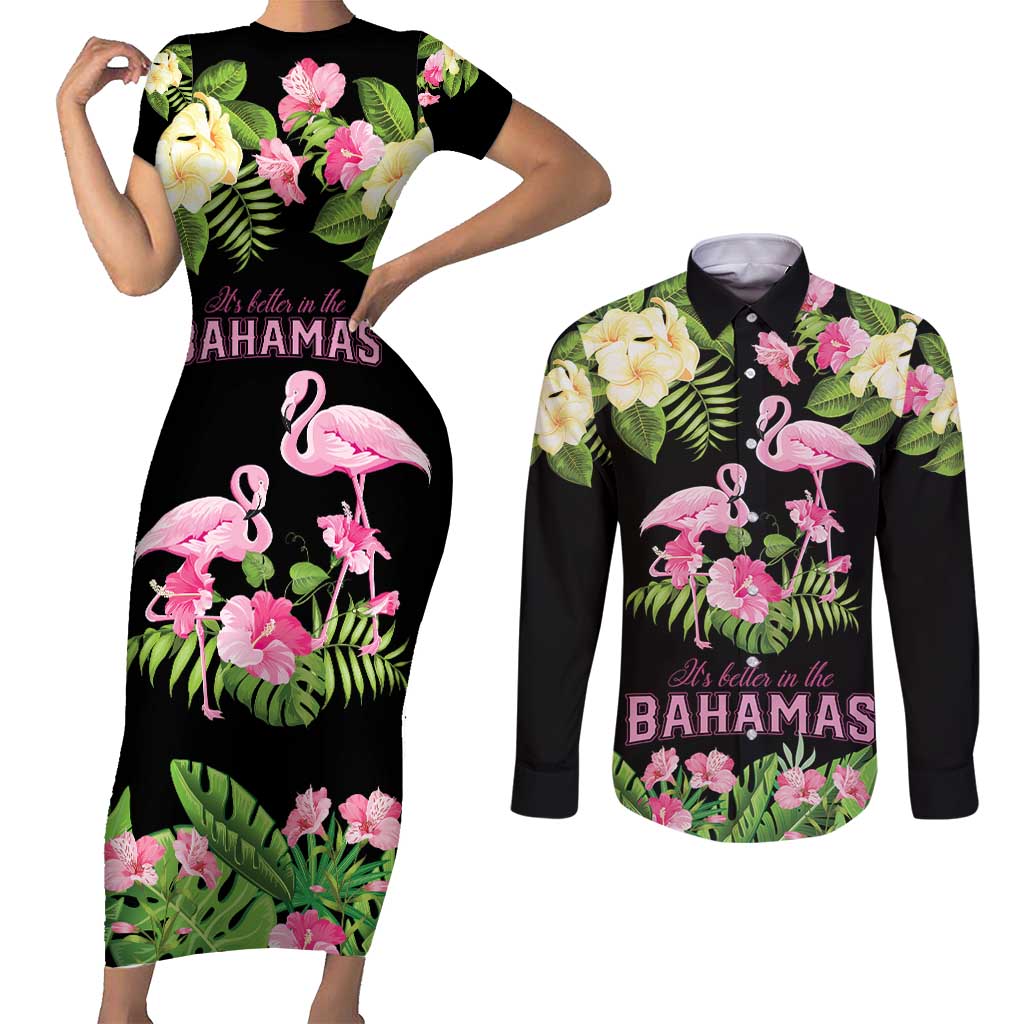The Bahamas Flamingo Couples Matching Short Sleeve Bodycon Dress and Long Sleeve Button Shirt Bahamian Tropical Flowers - Wonder Print Shop