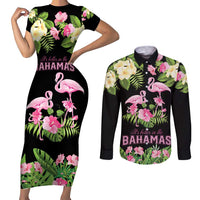 The Bahamas Flamingo Couples Matching Short Sleeve Bodycon Dress and Long Sleeve Button Shirt Bahamian Tropical Flowers - Wonder Print Shop