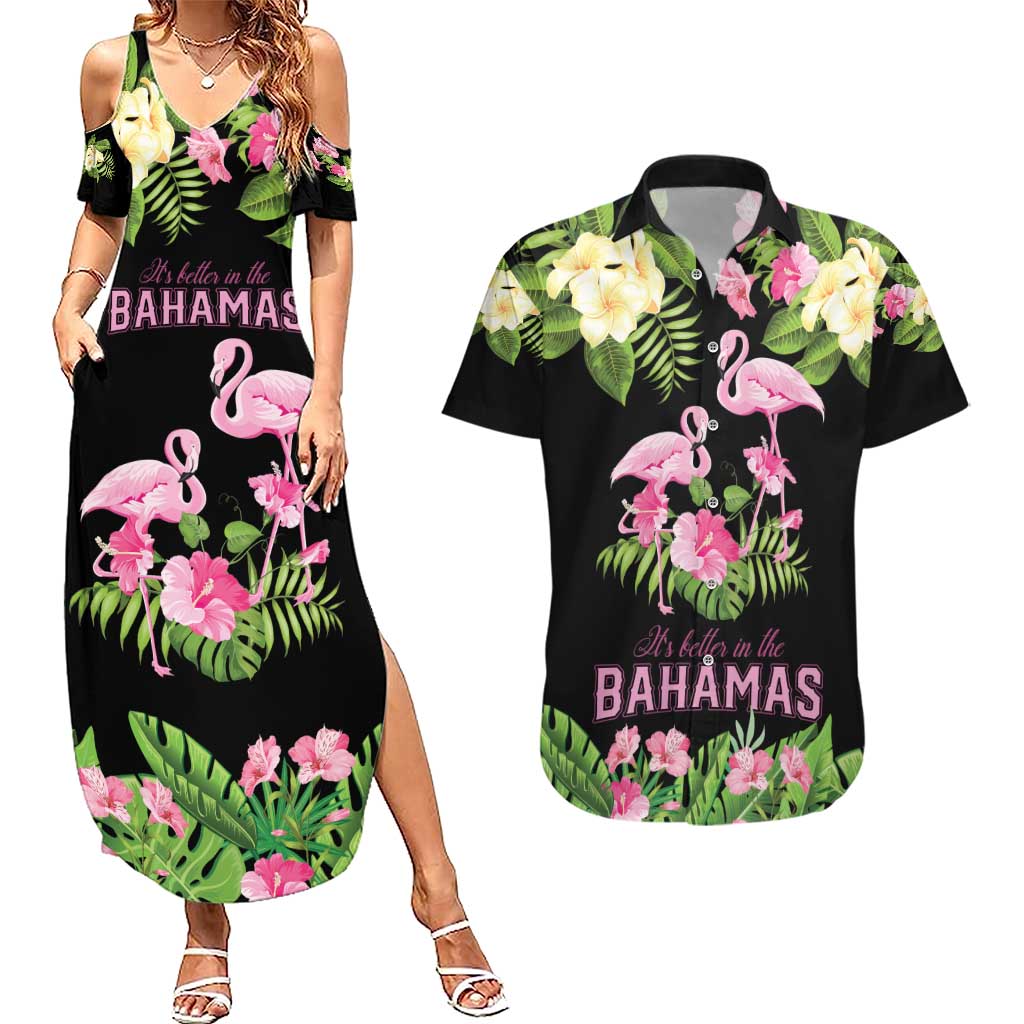 The Bahamas Flamingo Couples Matching Summer Maxi Dress and Hawaiian Shirt Bahamian Tropical Flowers - Wonder Print Shop