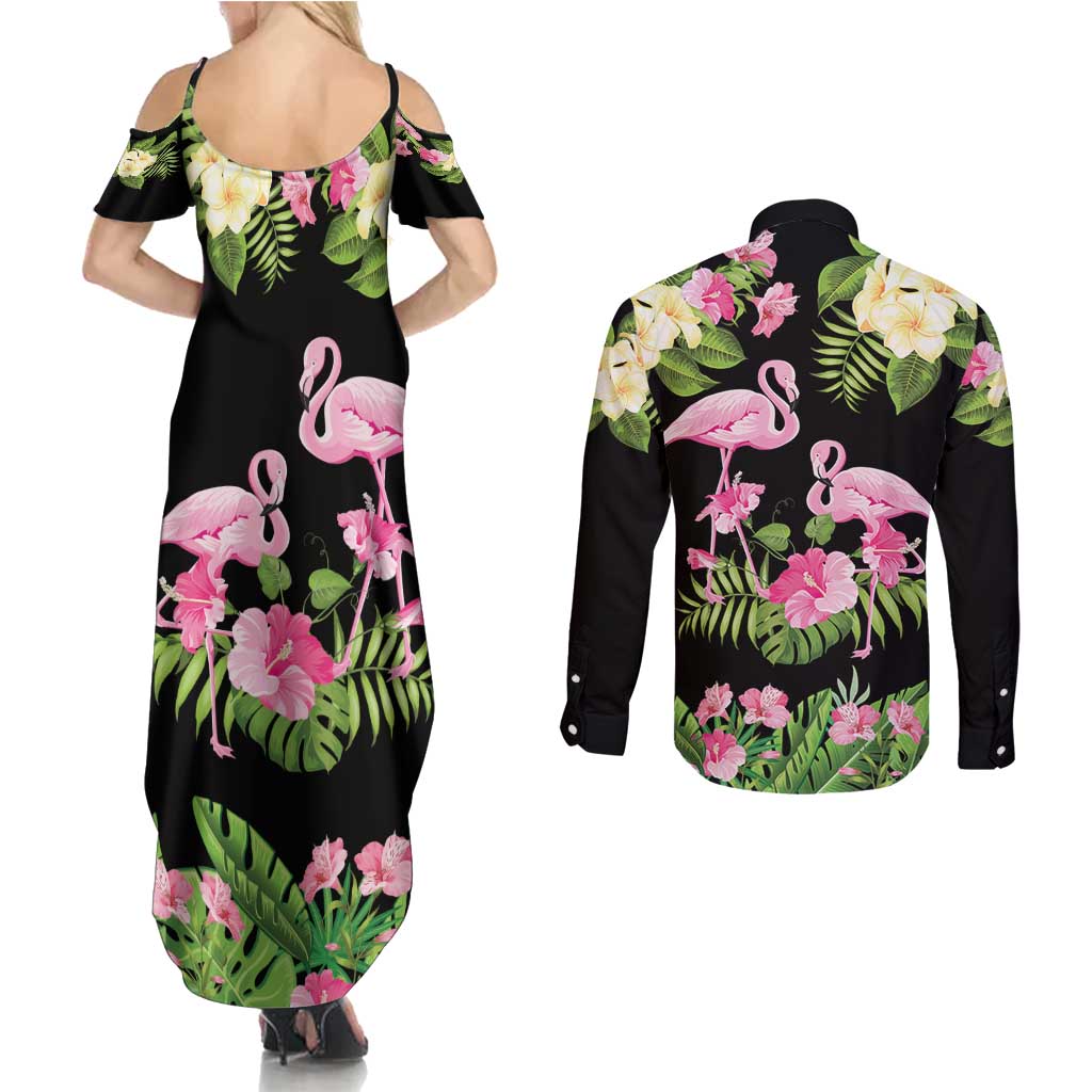 The Bahamas Flamingo Couples Matching Summer Maxi Dress and Long Sleeve Button Shirt Bahamian Tropical Flowers - Wonder Print Shop
