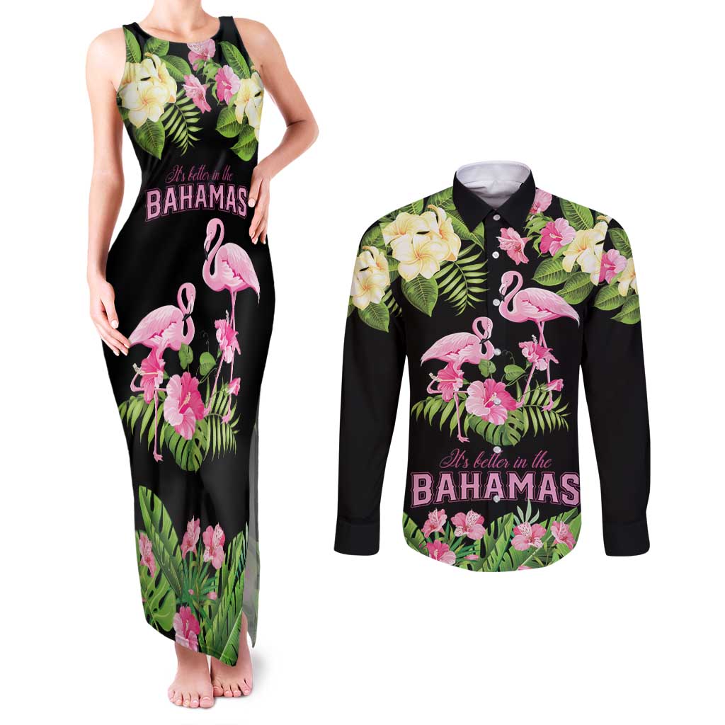 The Bahamas Flamingo Couples Matching Tank Maxi Dress and Long Sleeve Button Shirt Bahamian Tropical Flowers - Wonder Print Shop