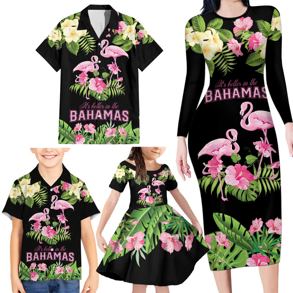 The Bahamas Flamingo Family Matching Long Sleeve Bodycon Dress and Hawaiian Shirt Bahamian Tropical Flowers - Wonder Print Shop