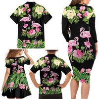 The Bahamas Flamingo Family Matching Long Sleeve Bodycon Dress and Hawaiian Shirt Bahamian Tropical Flowers - Wonder Print Shop