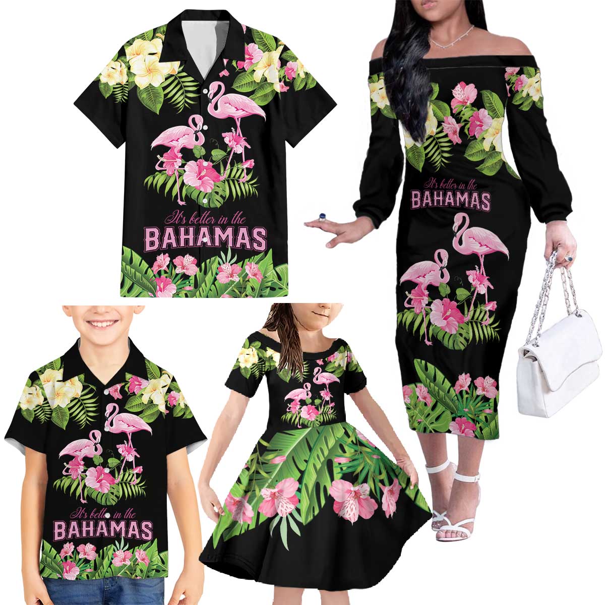 The Bahamas Flamingo Family Matching Off The Shoulder Long Sleeve Dress and Hawaiian Shirt Bahamian Tropical Flowers - Wonder Print Shop