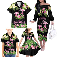 The Bahamas Flamingo Family Matching Off The Shoulder Long Sleeve Dress and Hawaiian Shirt Bahamian Tropical Flowers - Wonder Print Shop