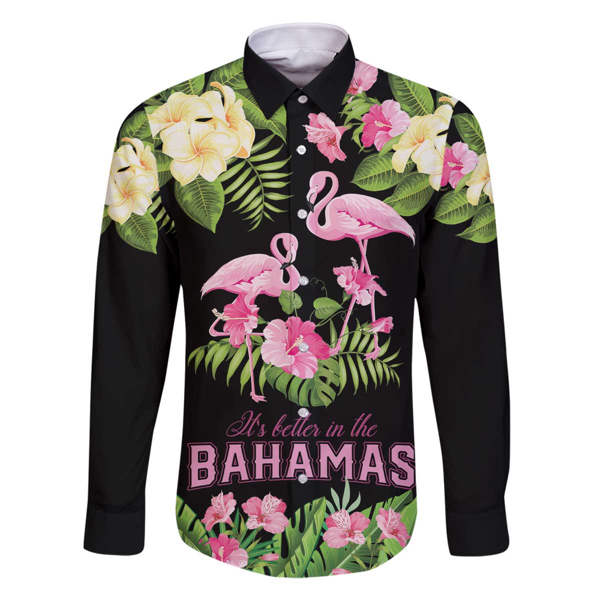 The Bahamas Flamingo Family Matching Off The Shoulder Long Sleeve Dress and Hawaiian Shirt Bahamian Tropical Flowers - Wonder Print Shop
