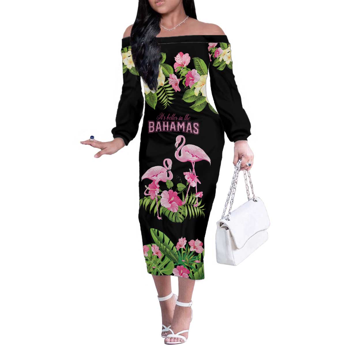 The Bahamas Flamingo Family Matching Off The Shoulder Long Sleeve Dress and Hawaiian Shirt Bahamian Tropical Flowers - Wonder Print Shop