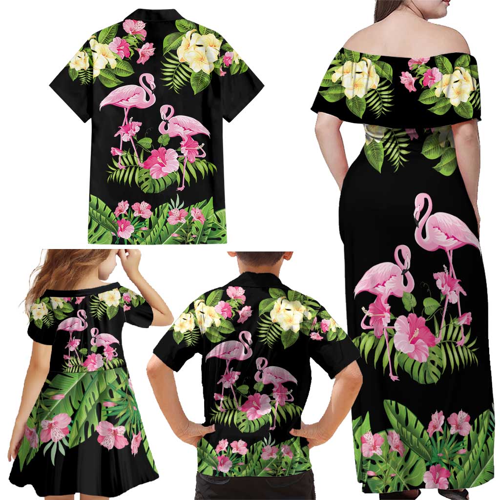 The Bahamas Flamingo Family Matching Off Shoulder Maxi Dress and Hawaiian Shirt Bahamian Tropical Flowers - Wonder Print Shop