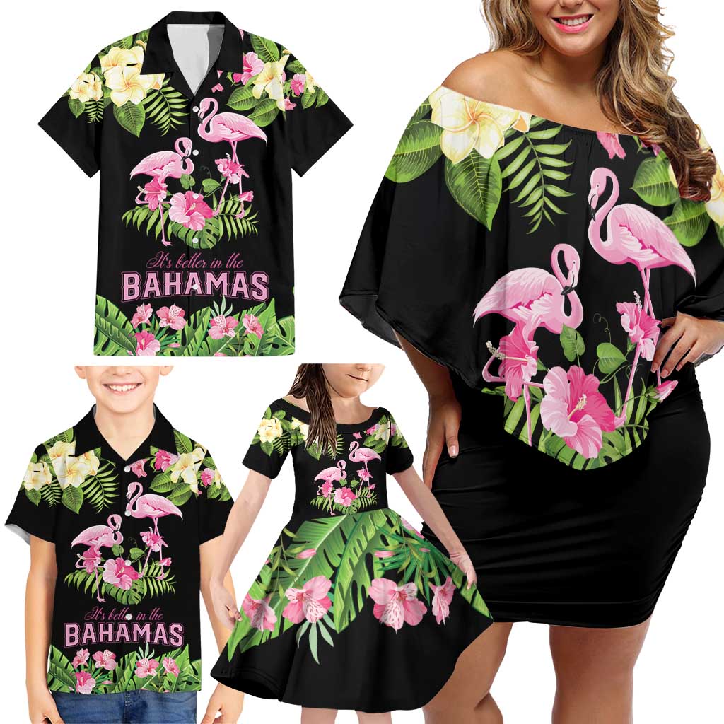 The Bahamas Flamingo Family Matching Off Shoulder Short Dress and Hawaiian Shirt Bahamian Tropical Flowers - Wonder Print Shop