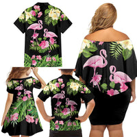 The Bahamas Flamingo Family Matching Off Shoulder Short Dress and Hawaiian Shirt Bahamian Tropical Flowers - Wonder Print Shop