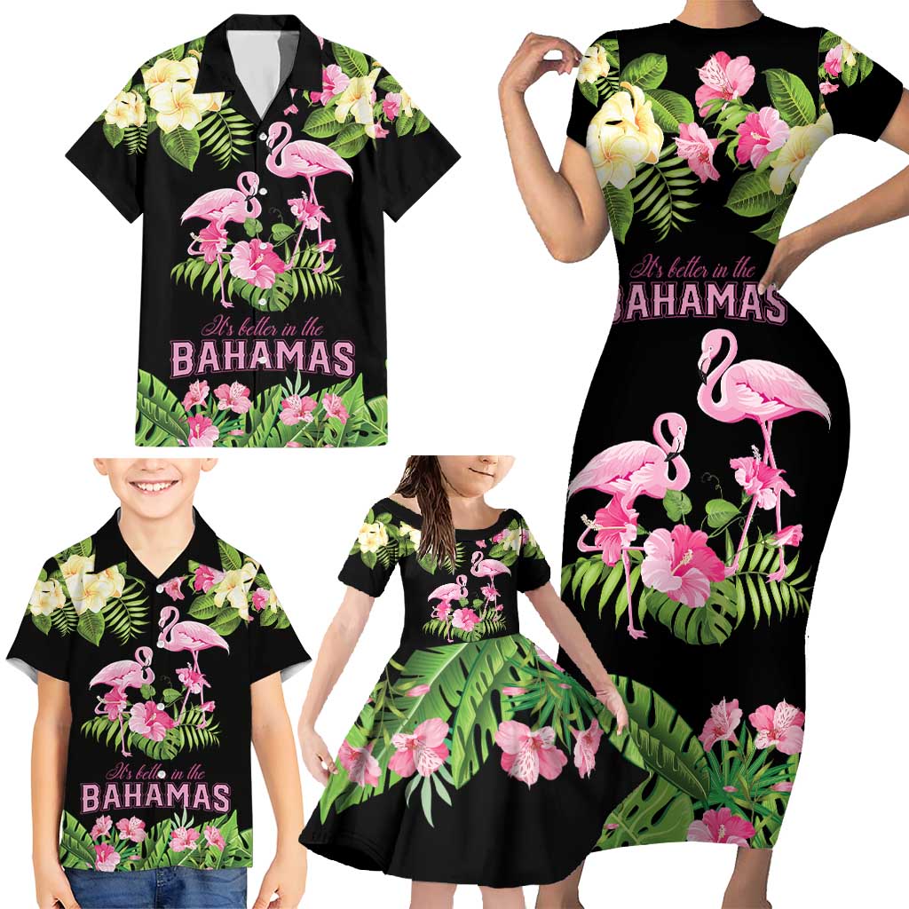 The Bahamas Flamingo Family Matching Short Sleeve Bodycon Dress and Hawaiian Shirt Bahamian Tropical Flowers - Wonder Print Shop
