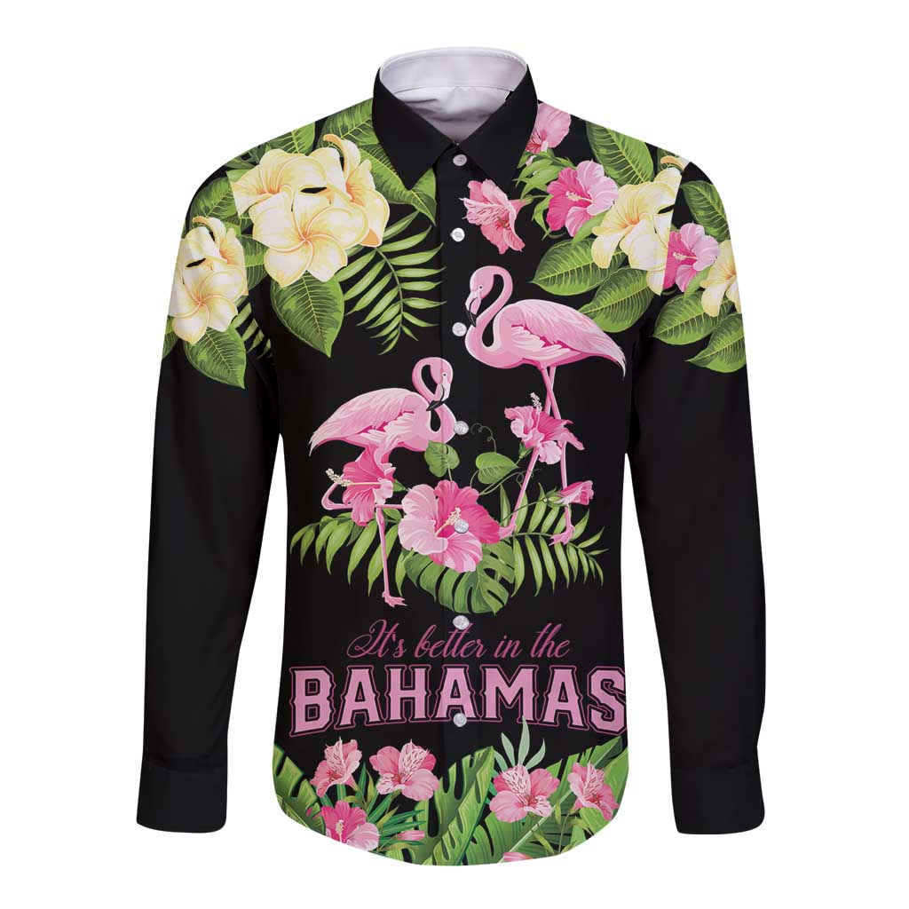 The Bahamas Flamingo Long Sleeve Button Shirt Bahamian Tropical Flowers - Wonder Print Shop