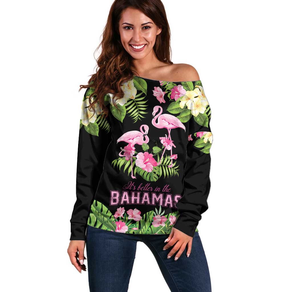 The Bahamas Flamingo Off Shoulder Sweater Bahamian Tropical Flowers - Wonder Print Shop